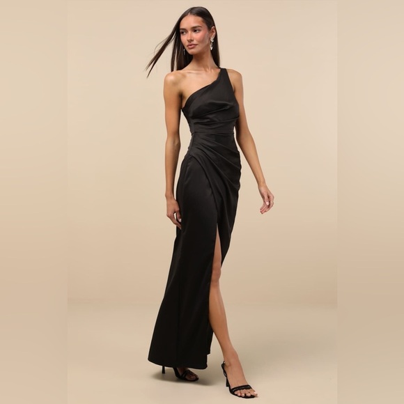 LULU’S Dreaming Of Elegance Black Satin One-Shoulder Maxi Dress - Picture 10 of 10